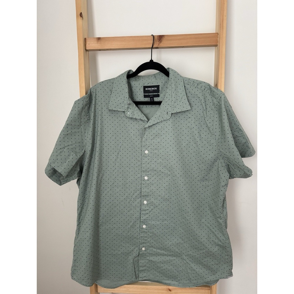Bonobos Button Down Shirt Mens Stretch XXL Slim Fit Green Dots Short Sleeve (B2)